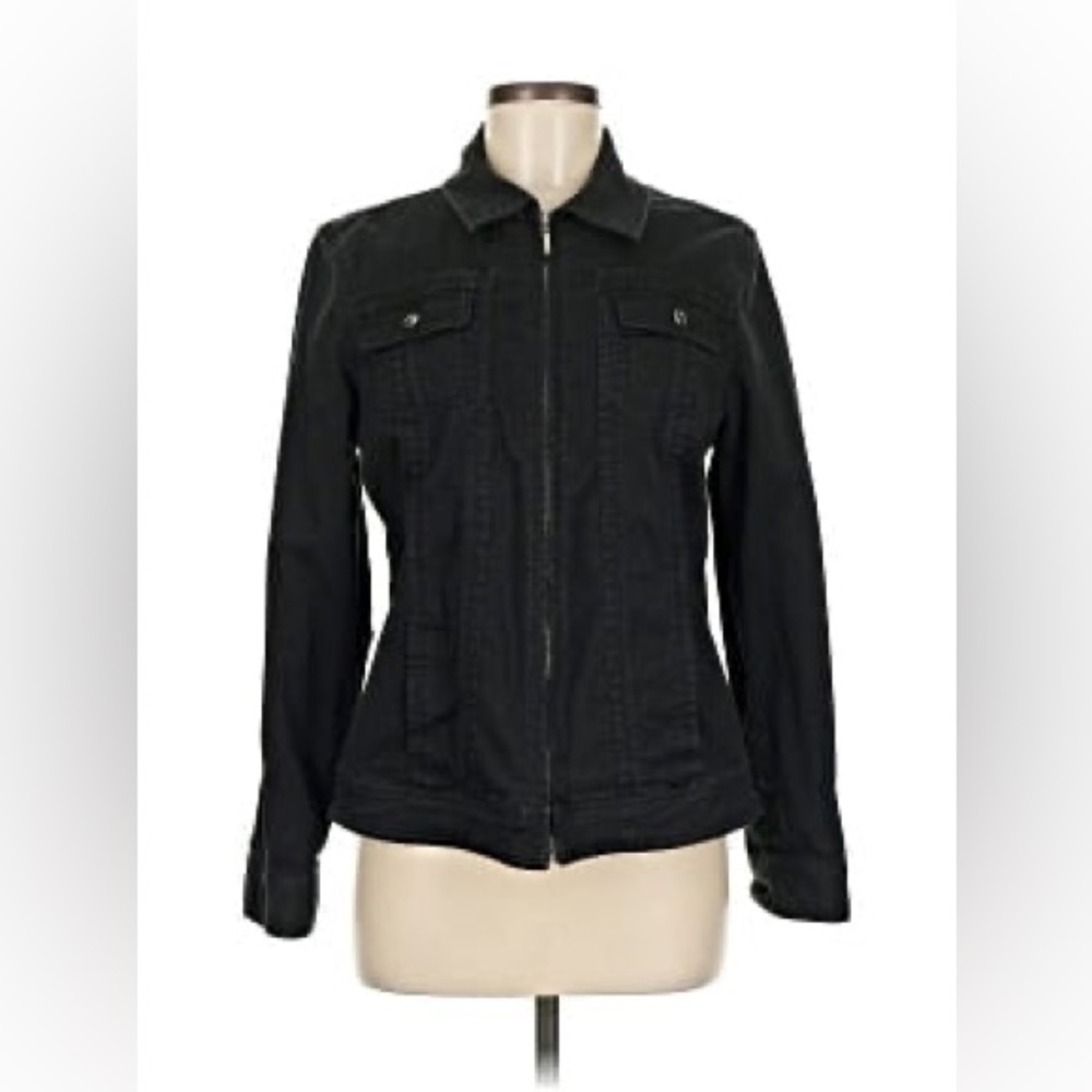 Black Stretch Denim Jacket Zip Front Fitted Petite XS Casual Classic